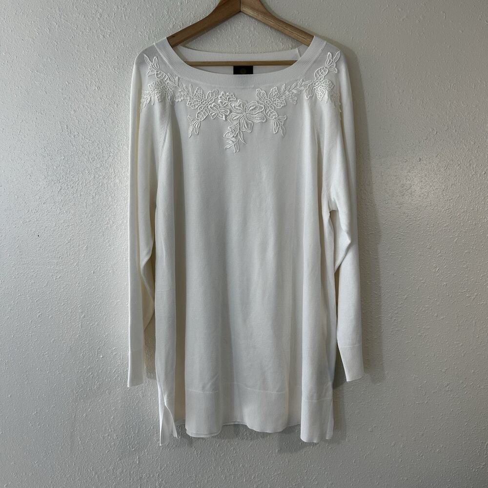 JM Collection Women's 3X White Floral Embroidered Knit Pullover Sweater